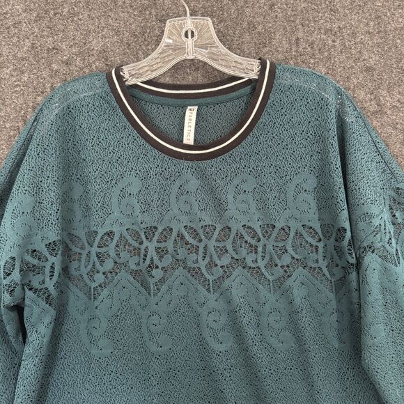 Fabletics Pullover Women's Large Teal Lace Mesh Pullover Crewneck Athleisure Top - Picture 2 of 7